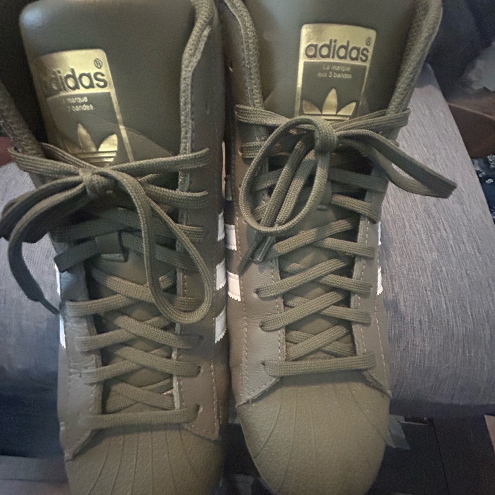 Adidas Khaki Green High-Tops with Gold Accents
